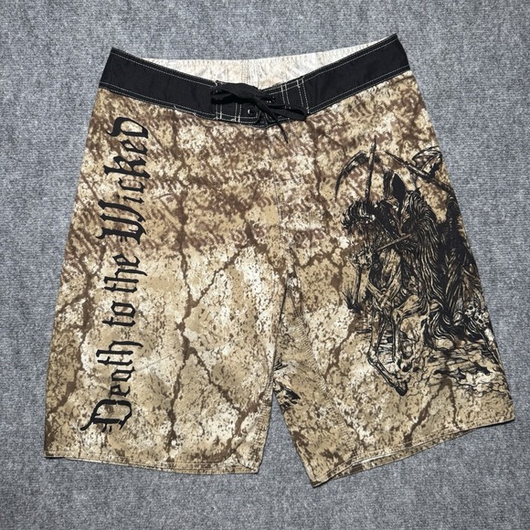 Apprime Other - Apprime Appreme Board Shorts Tan Death to the Wicked Horsemen Gun Graphic Medium